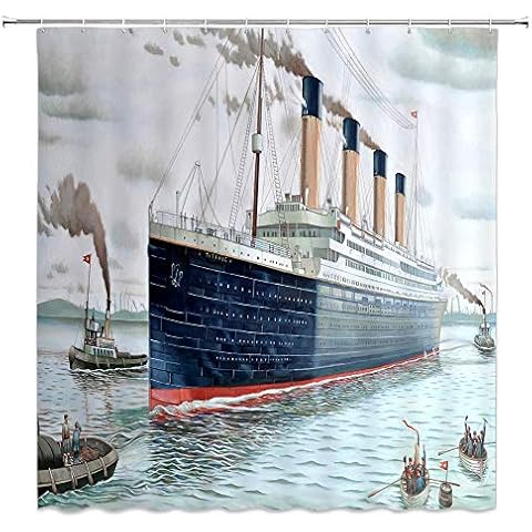 jingjiji Nautical Decor Shower Curtain Retro Classic Titanic Ship Ocean Scenery Watercolor Art Bathroom Decoration Curtains Polyester Fabric with Hook Dark Blue (Blue, 35 X 70 Inch) Cover