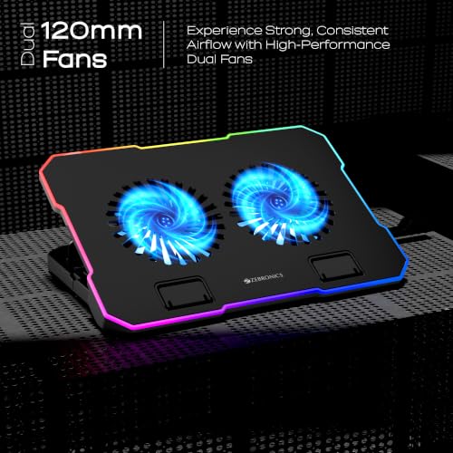 Image of Zebronics NC6800 Laptop Cooling Pad, Dual 120mm Fans, Up to 17-Inch Laptop Support, 65 CFM Airflow, 10 RGB Modes, 5-Level Adjustable Stand, Dual USB Hub, Fan Speed Control, Anti-Slip Pads (Black)