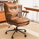 Sucrever Brown Leather Office Chair with Wheels, Triple-Layers Thicken Wide Seat Height Adjustable, Mid-Century Modern Comfy Desk Chair for Home, Office