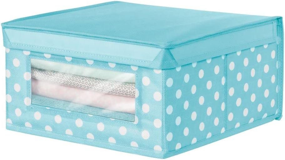 mDesign Medium Soft Stackable Fabric Baby Nursery Storage Organizer Holder Bin Box with Front Window and Lid for Child/Kids Bedroom, Playroom, Classroom - Turquoise Blue/White Polka Dot