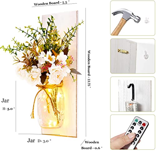 Image of Rustic Wall Sconces Mason Jar Sconces Handmade Wall Art Hanging Design with Remote Control LED Fairy Lights and White Peony, Christmas Decor Gifts Farmhouse Home Decor Living Room Lights Set of Two