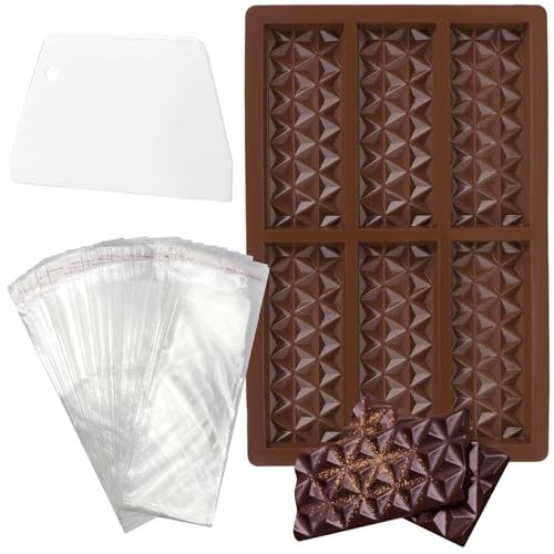 UTXN 1 Pezzo stampi in Silicone, stampi per Cioccolato, stampi per Barrette di Cioccolato, con 100 Pezzi di Busta autoadesiva e 1 Pezzo di Raschietto per Torta al Cioccolato (Motivo a Diamante)