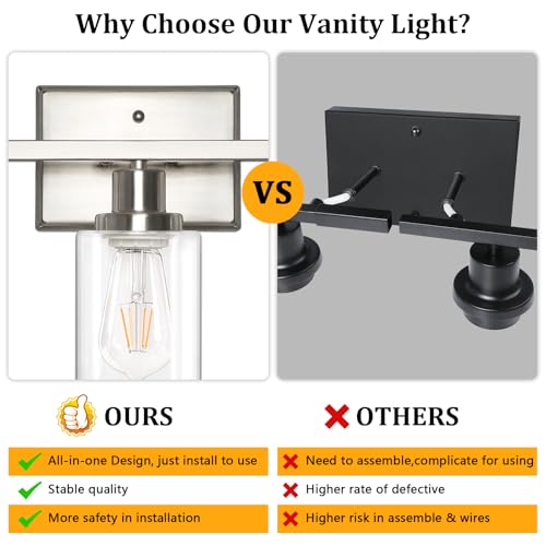 Image of Ascher Bathroom Light Fixtures, 3 Light Vanity Light with LED Bulbs Included, Brushed Nickel Wall Sconces with Clear Glass Shades for Mirror, Kitchen, Living Room, Hallway, Cabinet