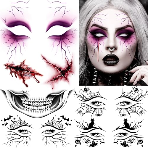 7 Sheets Halloween Temporary Tattoos For Eye Face Bloody Scar Blood Vessel Fake Tattoo Sticker, Witch Skull Mouth Spiderweb Eye Tattoos Face Tattoos For Halloween Costume Zombie Makeup Accessories