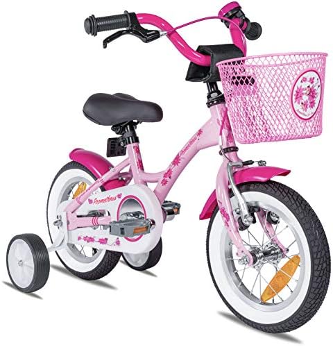 PROMETHEUS BICYCLES Rower dziecięcy od 3 lat  rower dziewczęcy 12 cali, rower dla dziewczynek, rower dla dzieci z kółkami podporowymi, hamulec nożny w kolorze różowym