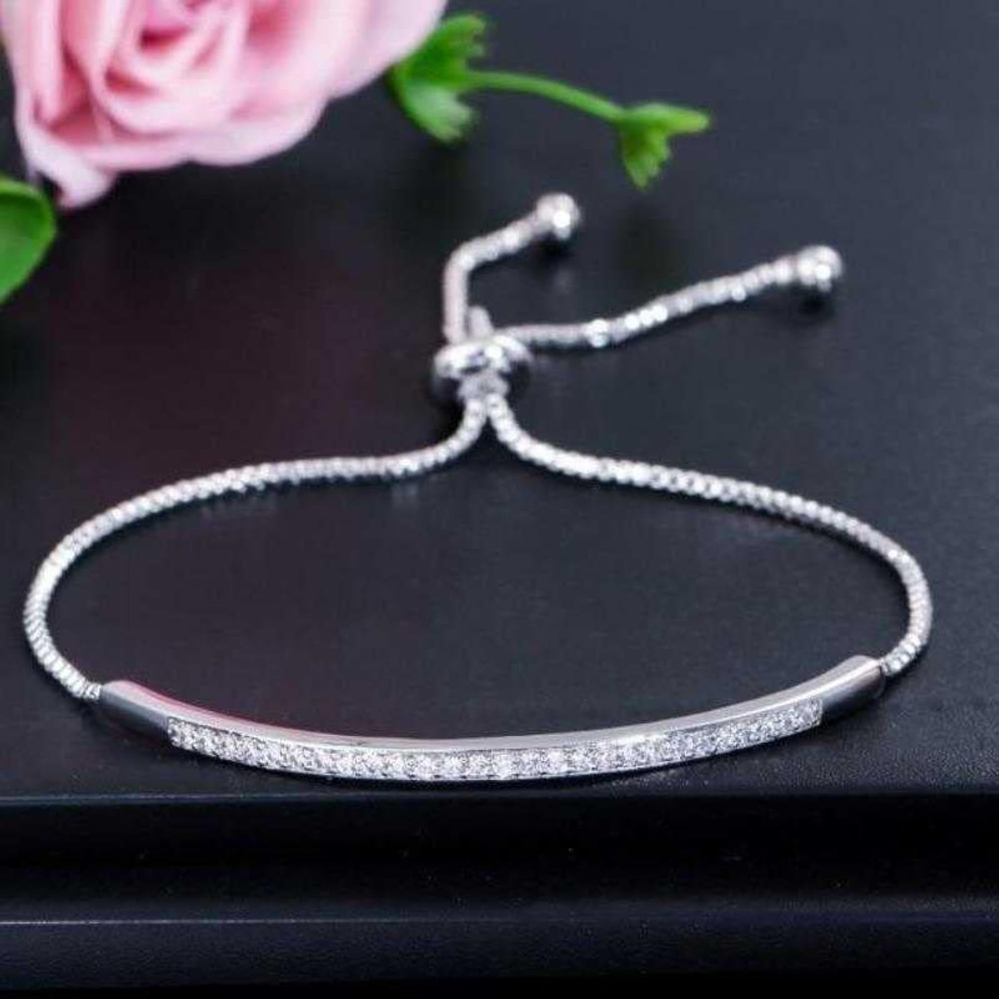 Zirconia Embossed Adjustable Bracelet With Slider Clasp