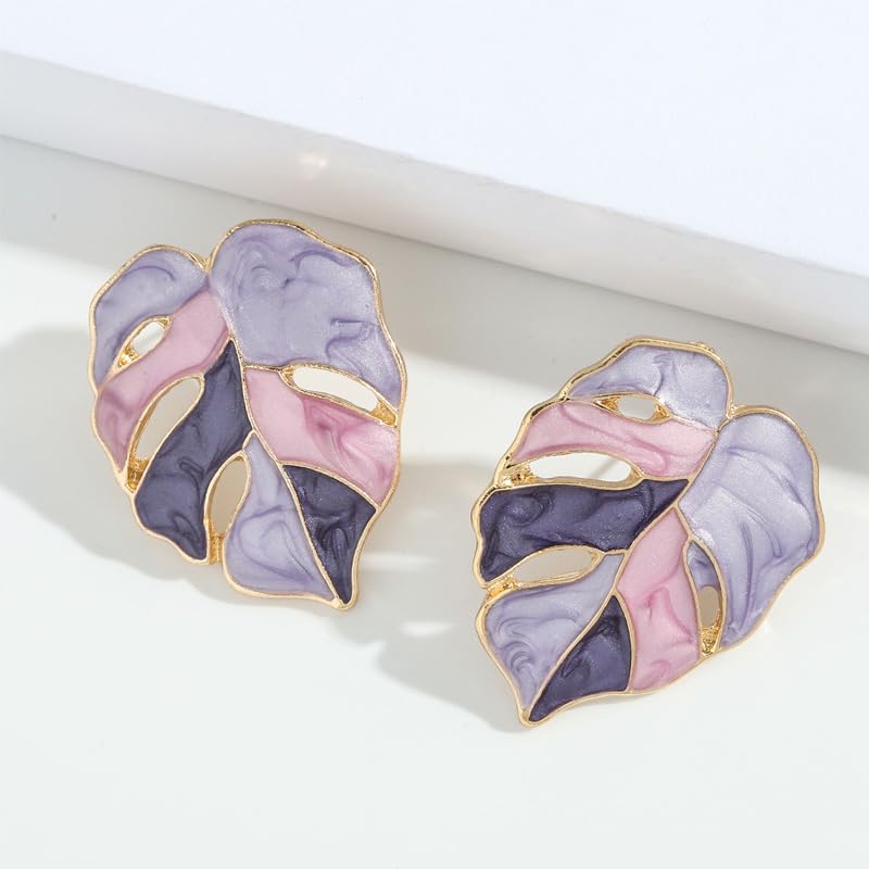 4Pcs Enamel Monstera Leaf Stud Earrings Fashion Bohemian Alloy Earrings Charms Accessories Purple+Yellow+Green+Pink3