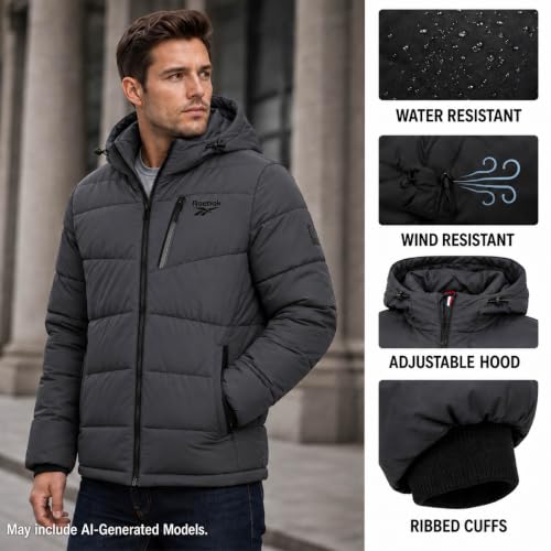Image of Reebok Mens Quilted Puffer Jacket, Weather Resistant Hooded Winter Coat