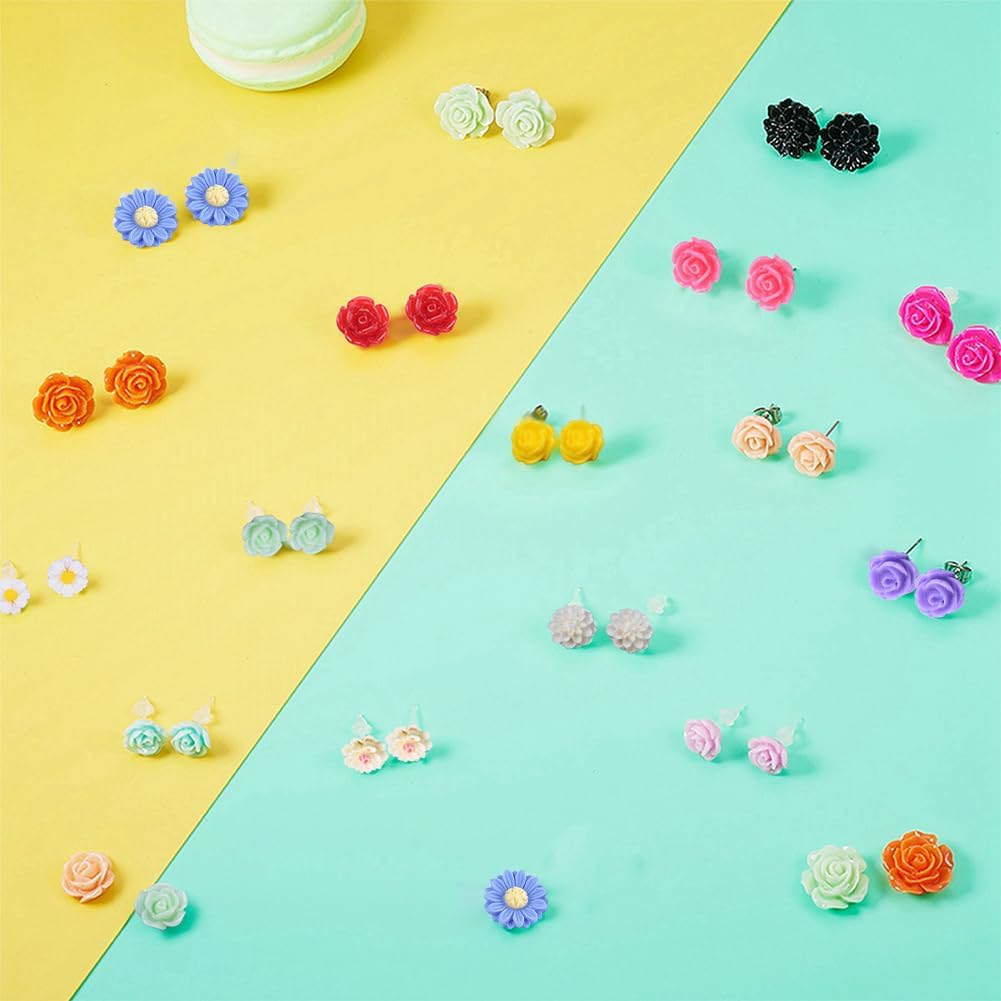 SUNNYCLUE 1 Box DIY 16 Pairs Flower Cabochons Resin Rose Flatbacks Valentine's Day Earrings Making Kit Rose Beads Love Valentine Flower 3D Flat Backs for Jewelry Making Kits Stud Earring Findings - Image 6