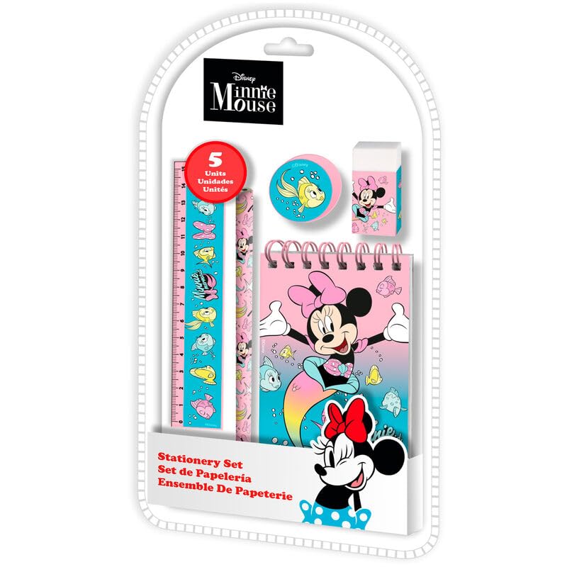 5PCs Minnie Mouse School Stationery Set, Back To School Exam Stationery Set, pencils Sharpener, Eraser, Ruler, Girls Notebook, Stationary Kit for Kids 3+ Years