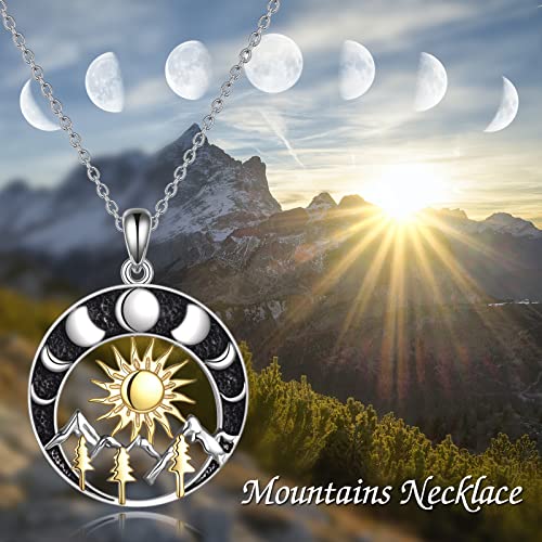 Mountain Necklace Gifts Sterling Silver Moon Nature Sun Mountain Tree Pendant Necklace Nature Jewelry Christmas Gift For Skiers, Hikers, Campers, Climbers,Nature Lovers #TOP5