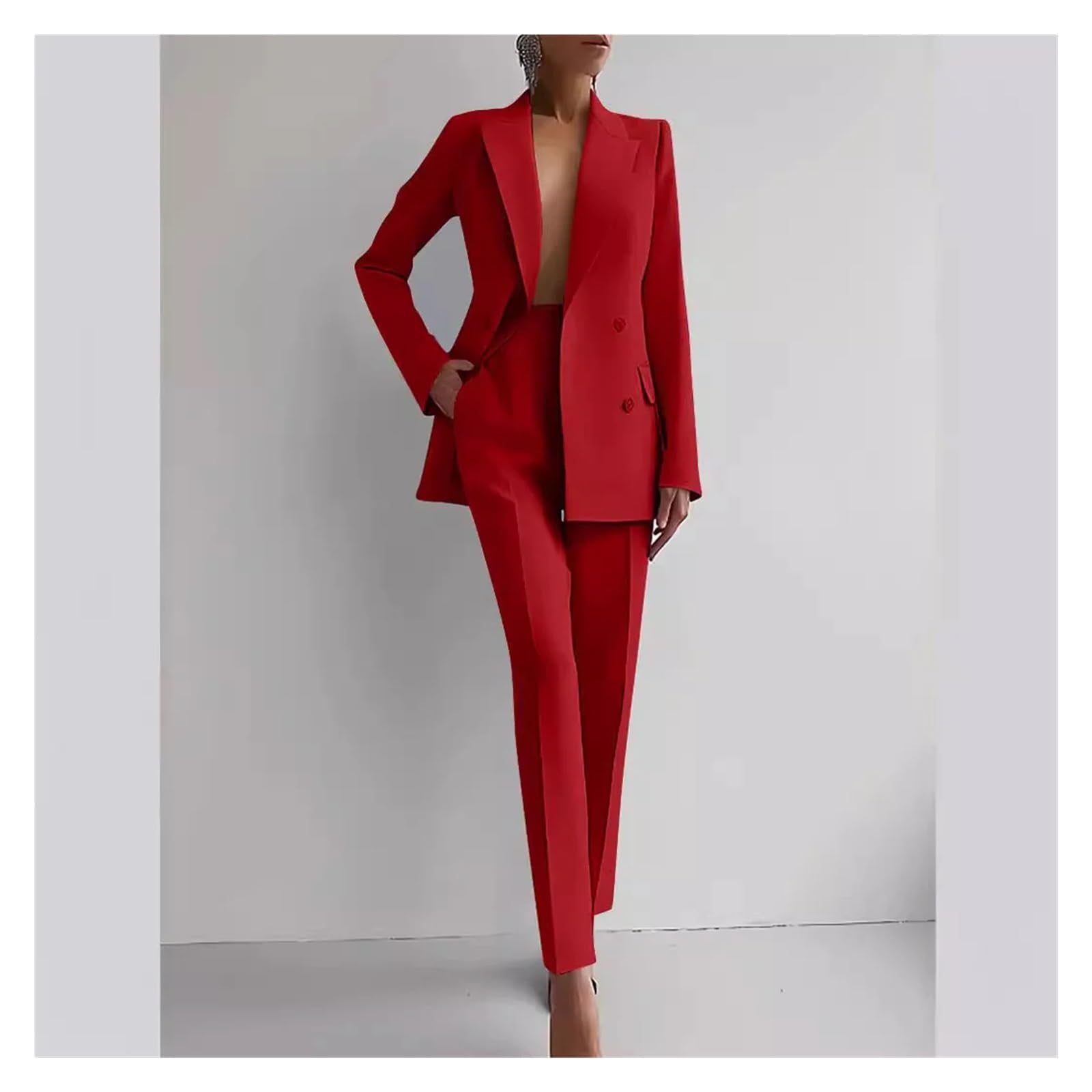 Tailleur Pantalone Donna Blazer Doppiopetto Lunghezza Caviglia Pantaloni a Matita Due Pezzi Tinta Unita Ufficio Estate vestibilità Slim