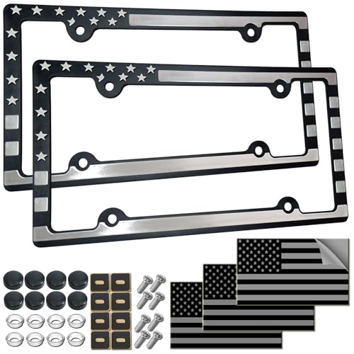 Image of License Plate Frames American Flag, 2 Pack Black Patriotic Plate Frames | Plastic Patriotic USA Flag Car Tag Cover, 4 Holes, Rust Resistant Screws Bolts, Black Caps Included
