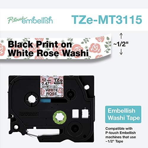 Image of Brother P-touch Embellish Black Print on White Rose Washi Tape TZeMT3115 - ~~ inch Wide x 13.1' Long for use with P-touch Embellish Ribbon & Tape Printer
