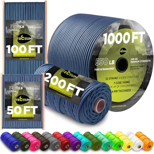 TECEUM Paracord Tipo Iii 550 Blue Oil – 100 Pés – 4 Mm – Corda Tática Mil-Spec – Cabo para Exterior