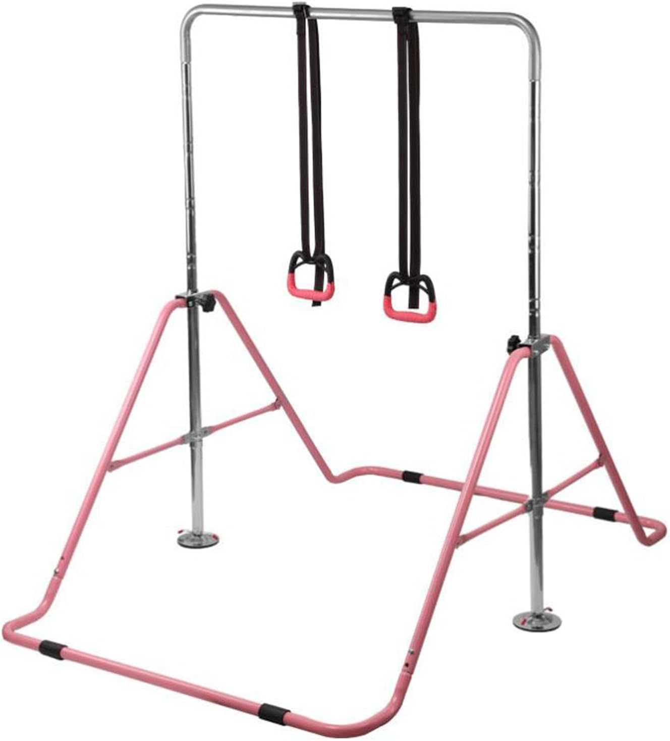 Gymnastics Bars Kids Training Bars Folding Horizontal Bars Adjustable Height Practice Bar Gymnastic for Kid Child Girls Boys with A Pair of Rings - Pink