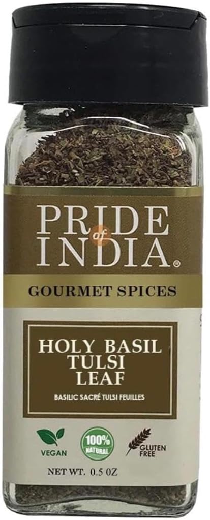 Pride of India – Sweet Holy Basil Leaf – Indian Tulsi Leaf Cut & Sifted – Gourmet Herb – Rich in Nutrients – Ocimum sanctum – GMO Free – Easy to Use – 0.4 oz. Small Dual Sifter Bottle