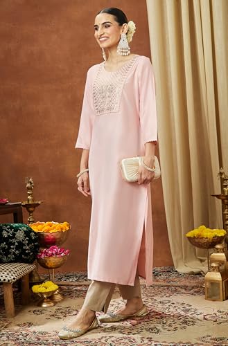 Image of Janasya Women's Light Pink Chanderi Silk Yoke Embroidered Straight Kurta