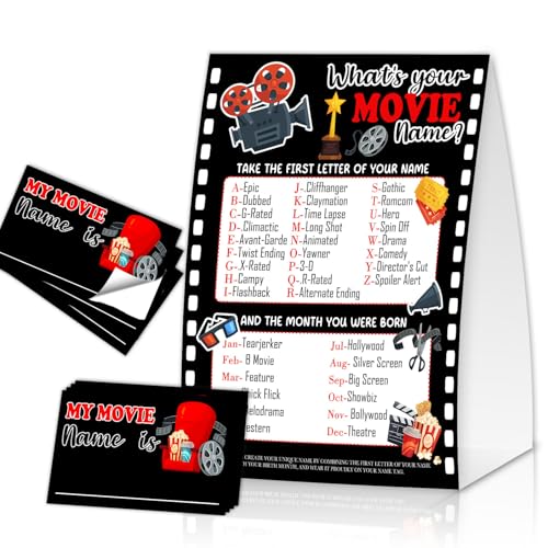 EQIUAG What's Your Movie Name, Funny Movie Theme Game Cards Set,1 Game Sign and 30 Cards, Perfect for Birthday Party Activities