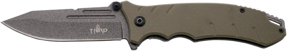 THIRD Assisted Folding Knife K2778TN, Camel G10 Handle, 7Cr17MoV Stainless Steel Blade Titanium Plated Gun Grey 9.5 cm Sheath.