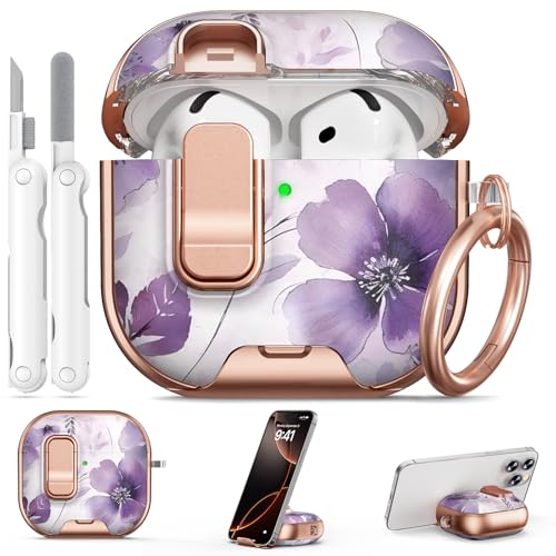 Image of for AirPod 4 Case, with Safty Lock & Phone Stand for Floral AirPod 4 Generation Case Cover for Women Girly, iPod 4 Cases with Keychain & Cleaner Kit -Purple Ink Wash Flower