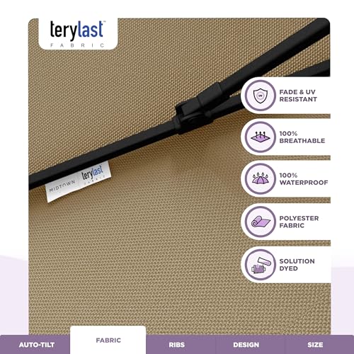 Image of Midtown Umbrellas - 10-Year-No-Fade 9 Ft Patio Umbrella with Terylast Fabric, Auto-Tilt Aluminum Frame and 8 Reinforced Ribs for Deck, Pool, Garden & Beach - Chestnut Beige Canopy, Black Pole