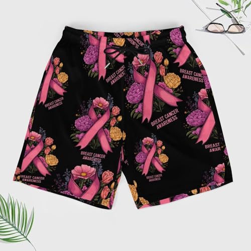 Breast Cancer Ribbon Awareness Beach Shorts for Men Swim Trunks Quick Dry Swim Shorts with Compression Liner Pocket3