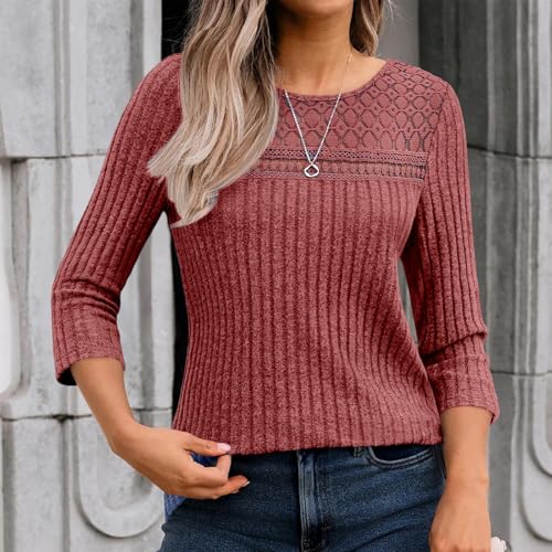 Women Ribbed Knit Sweaters Fashion Hollow Out Eyelet Crewneck Sweater Casual Cozy 3/4 Sleeve Lightweight Pullover Top3