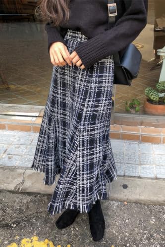 ebossy Women's Casual Plaid Tweed Long Skirt Fall Winter Wool High Waist A-Line Fringed Fishtail Skirt2