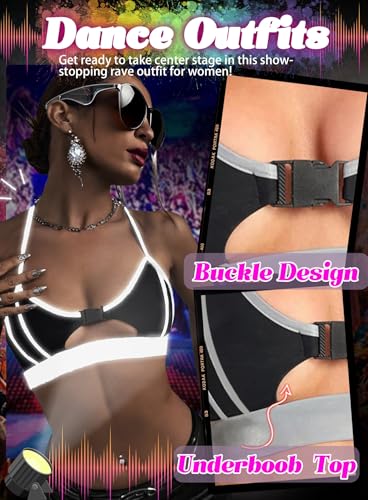 Reflective Rave Top for Women - Sexy EDC Festival Crop Tank Buckle Underboob Shirt Bikini Bra Music Concert Outfits4