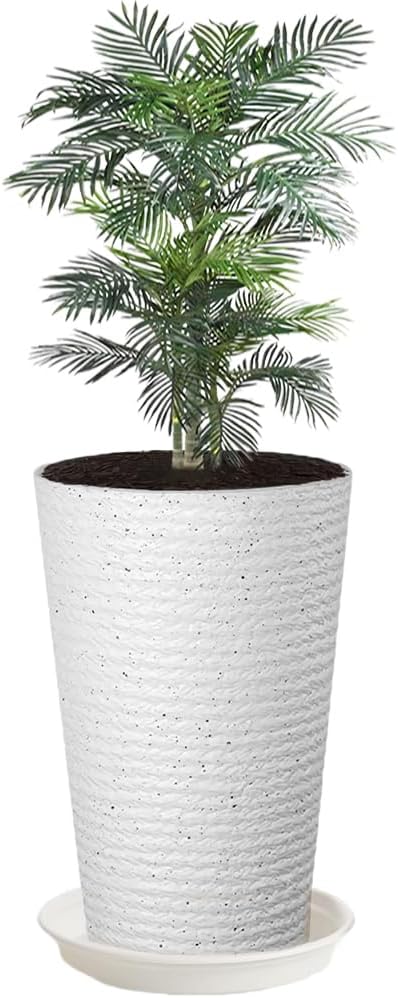 Tree Planter Big 20" Plant Containers Large Tall Tree Holder Resin Flower Pot with Drainage Hole for Indoor Outdoor Garden Front Door Patio Deck Porch Balcony (White, Modern Design)