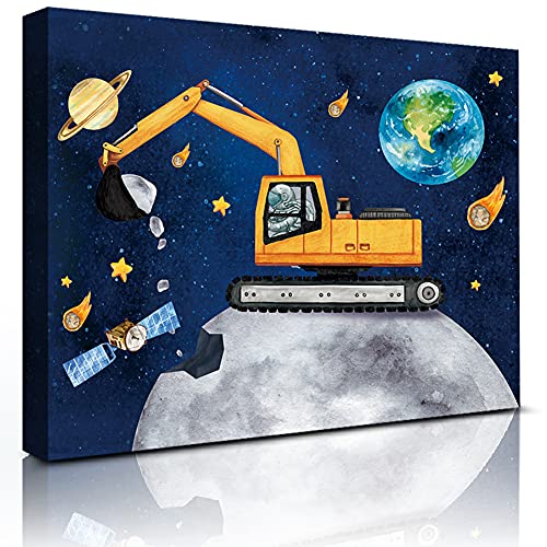 Image of HLNIUC Outer Space Room Wall Art, Space Theme Posters Astronaut Construction Canvas Prints (12”X16”,Framed), Planet Stars Trucks Universe Art Print For Kids Boys room Playroom Decor-Ready To Hang