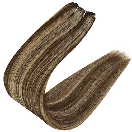 Image of Full Shine Invisible Weft Hair Extensions 120G 20 Inch Add Volume For Women | sew in Hair Extensions, Medium Brown Highlight Honey Blonde, Remy Hair Weft, Party Wear, Date Night