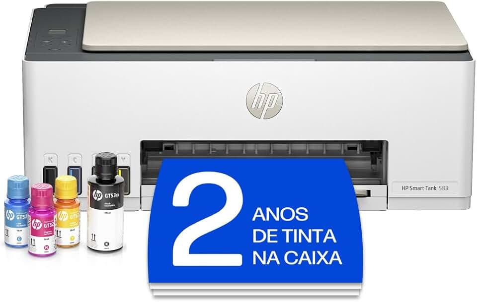 Impressora Multifuncional HP Smart Tank 583 Tanque de Tinta Colorida Wi-Fi com autorreparo, USB - Impressora, Copiadora e Scanner Cor: Branco (4A8D8A)