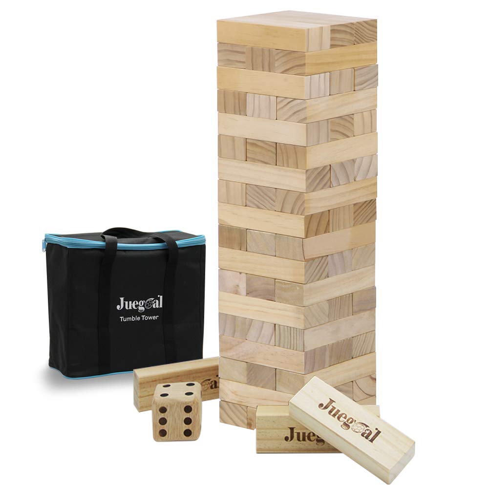Juegoal 54 Pieces Giant Tumble Tower Blocks Game Giant Wood Stacking Game with 1 Dice Set Canvas Bag