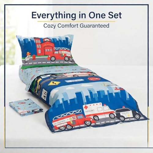 Image of EVERYDAY KIDS 4 Piece Toddler Bedding Set -Fire and Police Rescue- Includes Comforter, Flat Sheet, Fitted Sheet and Reversible Pillowcase