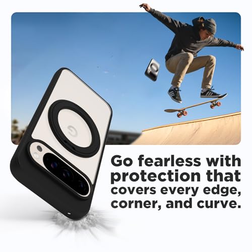 Image of RIGGEAR Shockproof Sleek Hybrid Armor 360 Rotating Magnetic Ring Stand Back Cover Case Compatible with MagSafe Accessories for Google Pixel 9 / Pixel 9 Pro (Clear PC + Black TPU Bumper)