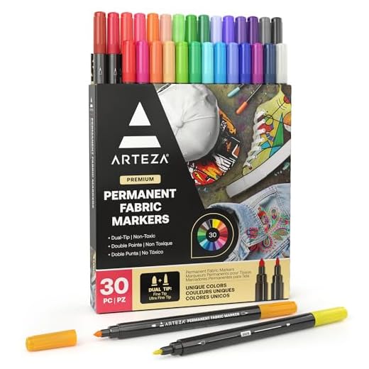 ARTEZA Fabric Paint Markers, Set of 30, Permanent Dual-Tip Textile Marker, Assorted Colors, Art Supplies for Coloring T-Shirts, Jeans, Jackets, and Backpacks