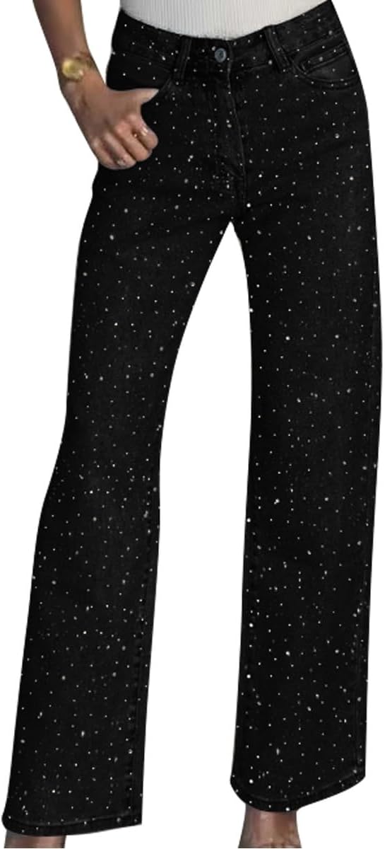 Women's Straight Leg Rhinestone Boyfried Denim Pants, Sparkly Bling Glitter Jeans