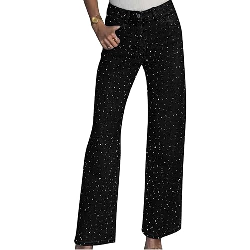 Women's Straight Leg Rhinestone Boyfried Denim Pants, Sparkly Bling Glitter