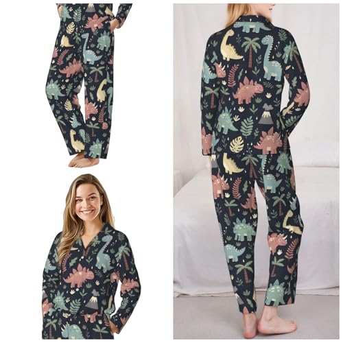Image of Women'S Long Sleeve Pajama Set Soft Loungewear Button-Down Top & Elastic Waist Pants S- 2XL