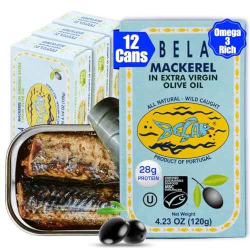 Image of BELA Wild Caught Portuguese Style Mackerel - Extra Virgin Olive Oil | 4.23 Oz (Pack of 12) | All Natural, High Protein, Hand Selected, Sea Salted, & Omega 3 Rich