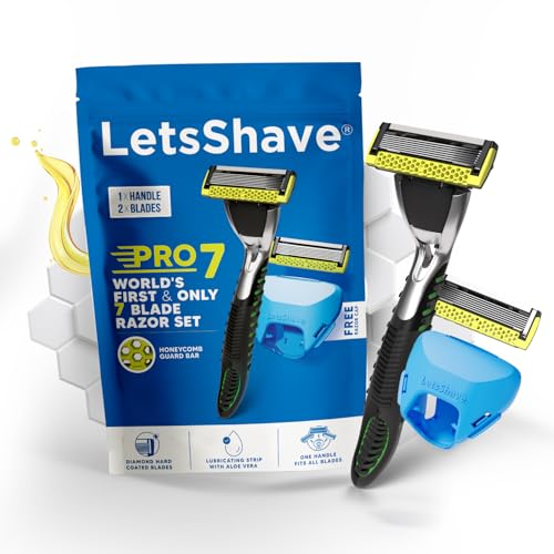 Image of LetsShave Pro 7 Max Shaving Razor for Men | 1 Handle, 2 Refills & Cap | World's First 7-Blade-Razor with Honeycomb Bar | Smooth & Close Hair Removal Kit
