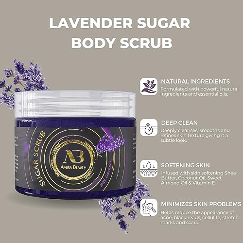 Amira Beauty Lavender Oil Sugar Scrub- Moisturizing Detoxing Body Scrub Exfoliator That Exfoliates Moisturizes And Nourishes Skin . Anti-Aging Strech Marks Cellulite Acne And Dead Skin Scars Leaves Skin Feeling Soft & Smooth - 14 Oz #TOP1
