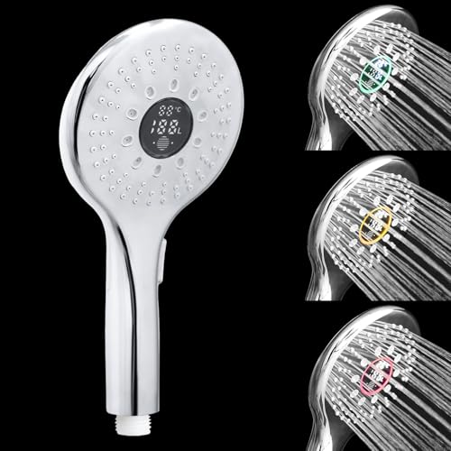 JINYOMFLY Pommeau de Douche LED avec Affichage Température, Débit et Consommation, 2 Modes Douchette Seule avec Affichage Numérique LED, Sans Pile