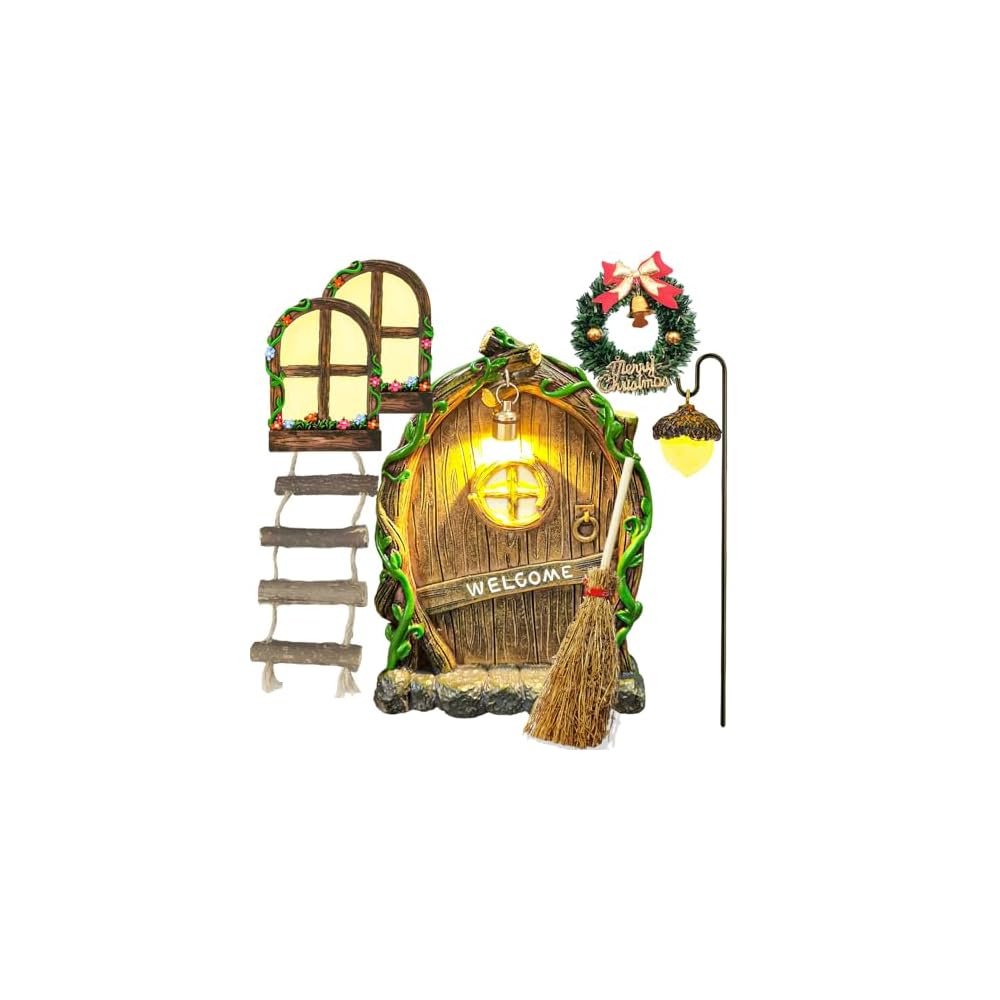 fairy door and windows for tree with light, miniature gnome home glow in the dark, fairy garden accessories outdoor statues yard, elf fairy decor with lantern, ladder for christmas, kids room