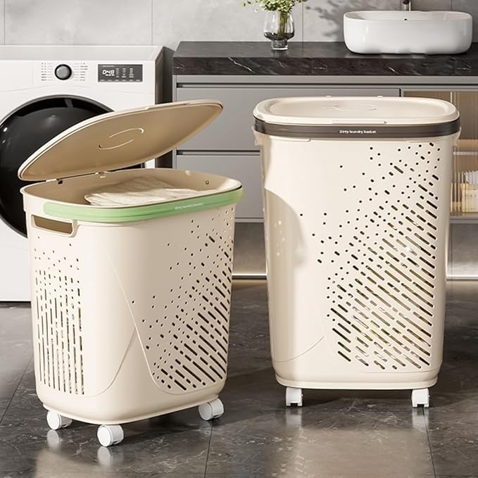 Cesto portabiancheria stretto con ruote e coperchio, design salvaspazio per camera da letto, posizionamento ad angolo ed elegante biancheria