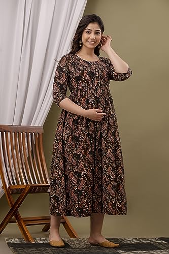 Image of Maternity Feeding Kurti for Women | Cotton Blend Anarkali Dress with Nursing Zip for Pre & Post Pregnancy