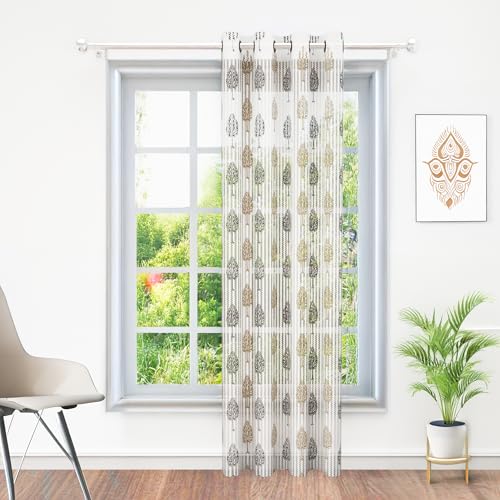 Image of MollisHomes Curtains 7 feet Long Set of 10 | White & Brown Transparent Sheer Curtain | Room Decoration Items for Bedroom | 215 x 118 cm | Motif Design Door Curtain | | Perfect for Home Decor