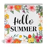 Floral Hello Summer Wooden Box Sign Colorful Flowers Wood Block Tabletop Sign Decorative Summer Desk Sign Home Office Shelf Decor 5 X 5 Inches